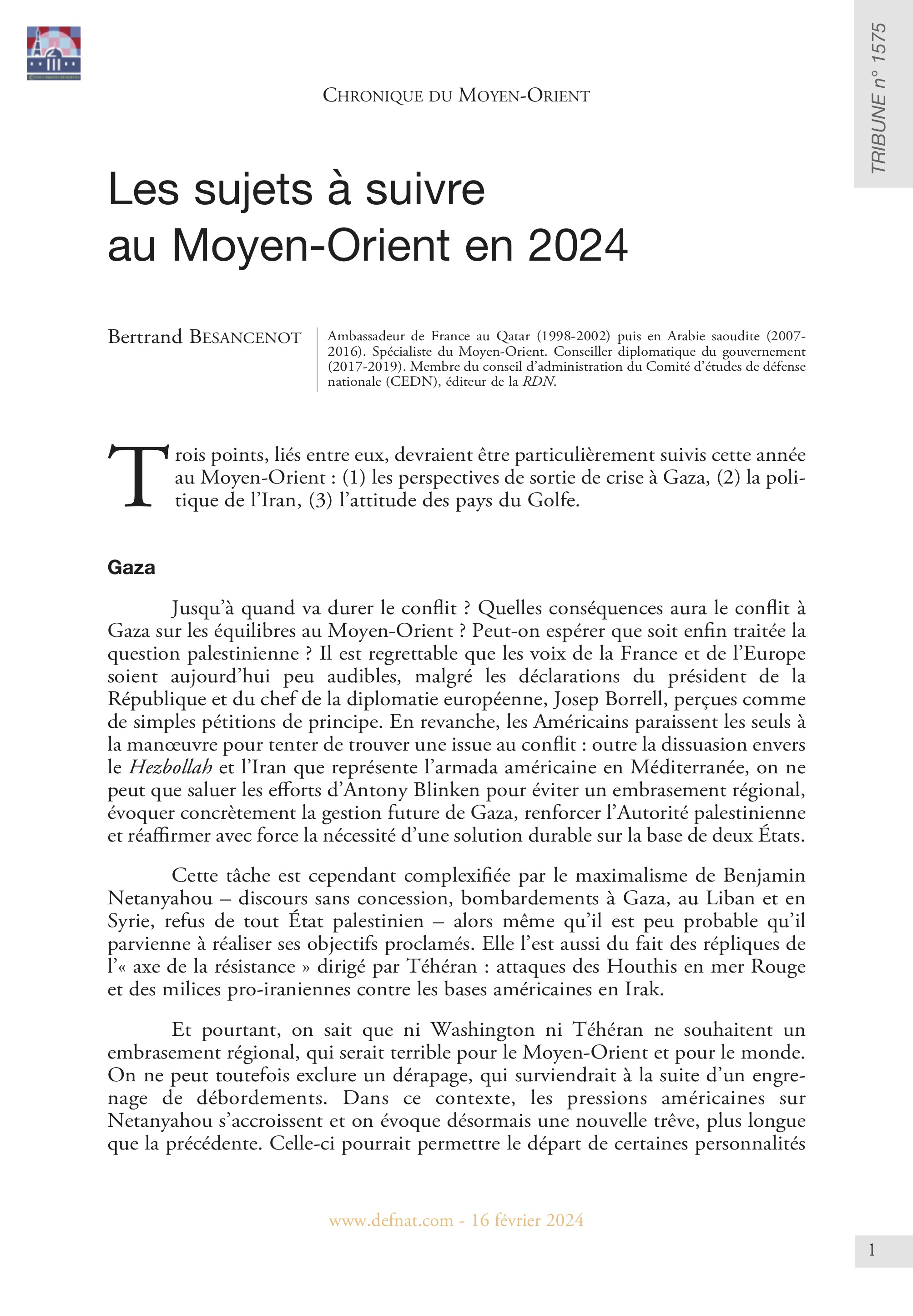 Chroniques du Moyen-Orient – Les sujets à suivre au Moyen-Orient en 2024 (T 1575)
